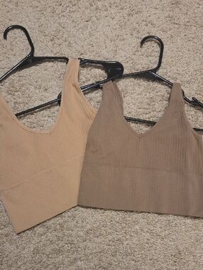 Ribbed V-Neck Crop Tank Top - Taupe & Sand